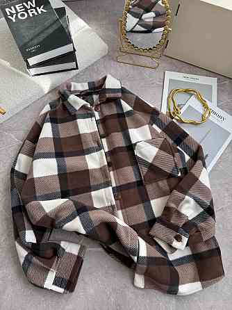 Женская теплая рубашка оверсайз в клетку на пуговицах турецкий флис Шоколад Одесса