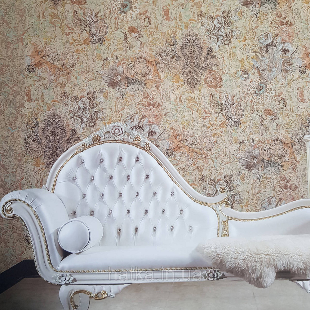 Шпалери метрові вінілові на флізелін Yuanlong Samsara бароко квіти вензель бірюзові коричневі на бежевому Київ - фото 1