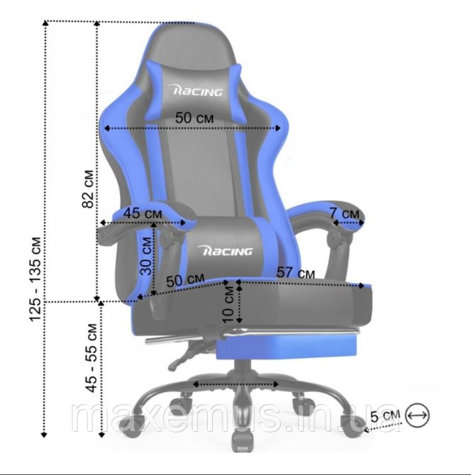 Компьютерное кресло с нагрузкам до 300 кг для геймера с подставкой для ног и регулировкой спинки Bonro Racing B-059 синее Мостиска - изображение 2
