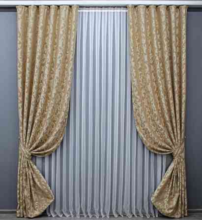 Комплект готовых штор VR-Textil Лен Вензель № 543ш Бежевый 100х270 см 2 шт (31-767) Киев