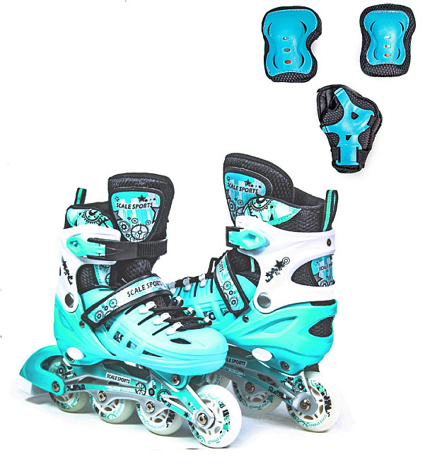 РОЛИКИ + КОМПЛЕКТ ЗАЩИТЫ (на колени, локти и ладони) Scale Sports бирюзовые, размер 29-33 Одесса - изображение 1