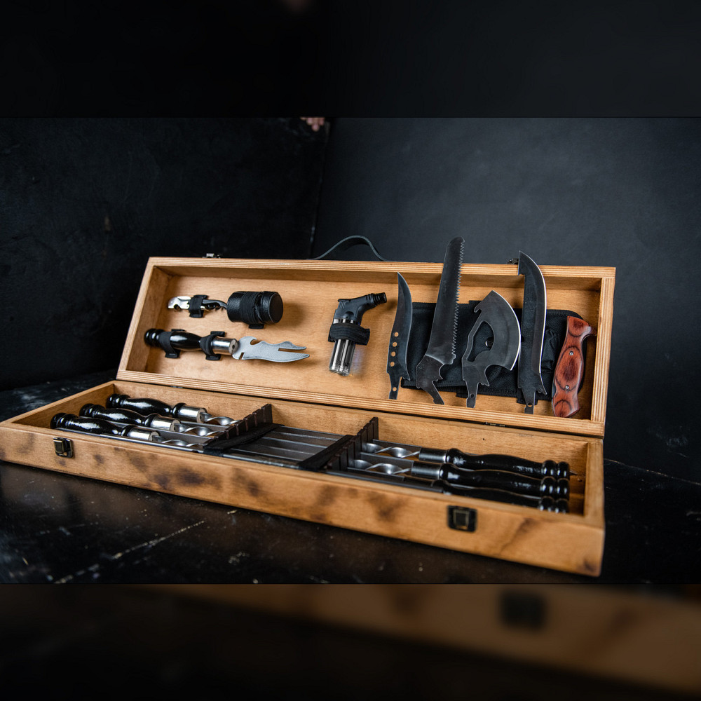 Шампури подарункові набір бокс для пікніка гриля та барбекю Оригінальні Віп подарунки на день народження татові, хлопцю, Тернопіль - фото 1