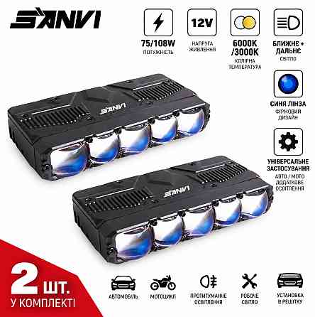 Комплект Bi-LED модулів Sanvi S500W+Y 75/108W 12V 6000K/3000K — ближнє + дальнє світло, 2 шт Харків