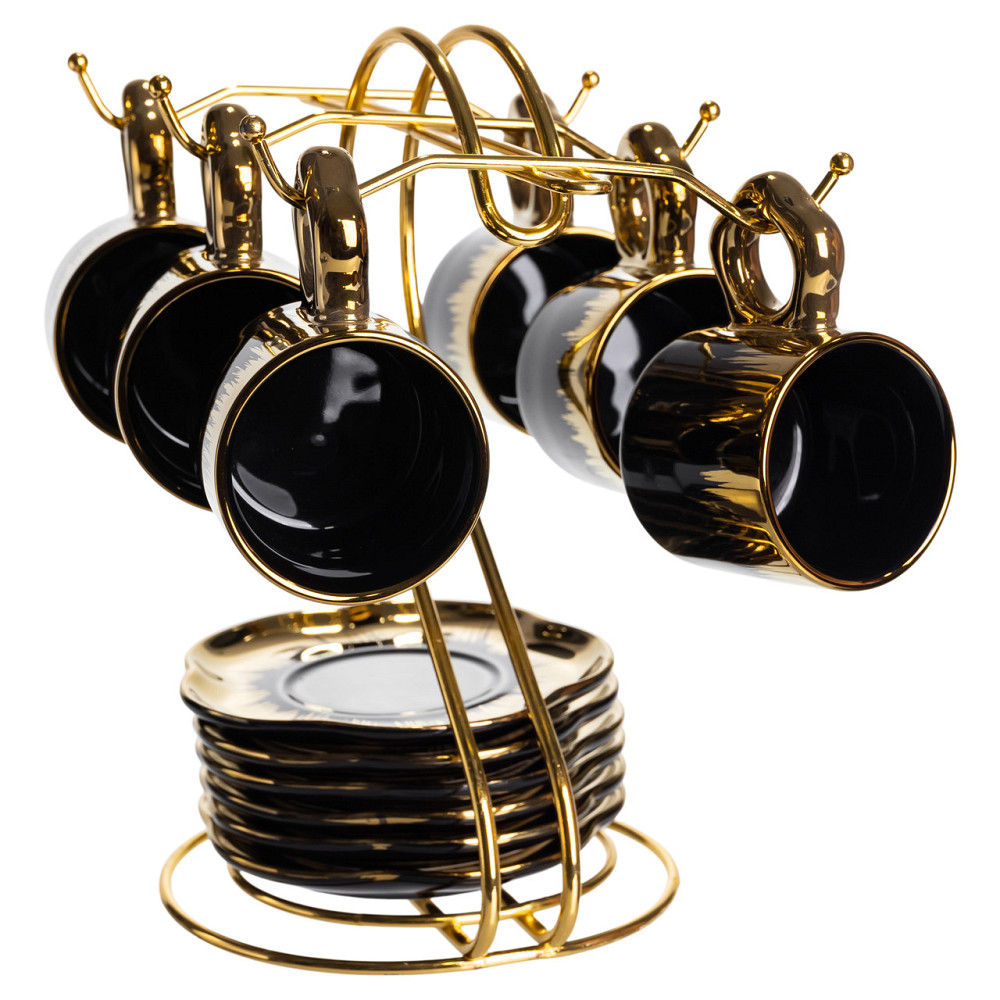 Yiwu Набір чашок для кави на металевій підставці 6 (шт) по 100 (мл) Чорний з золотом FM-47 Коломия - фото 3