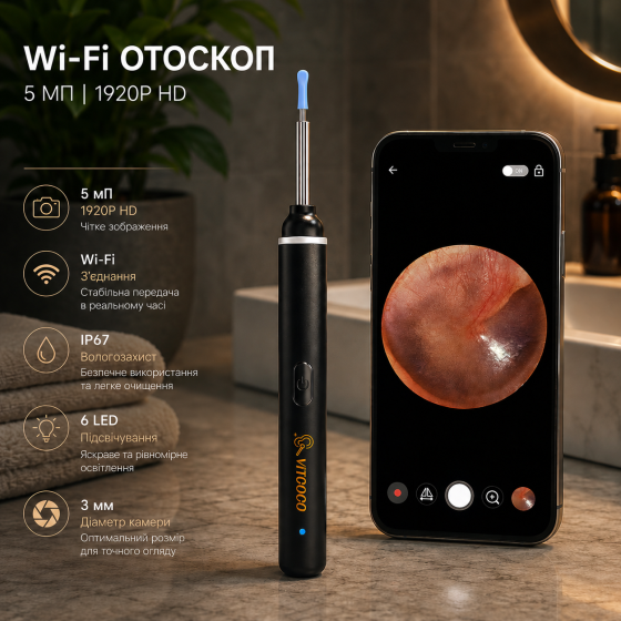 Wi-Fi отоскоп 5 МП 1920P HD, камера 3 мм, IP67, 6 LED, очиститель ушей для iPhone, iPad и Android, черный Киев