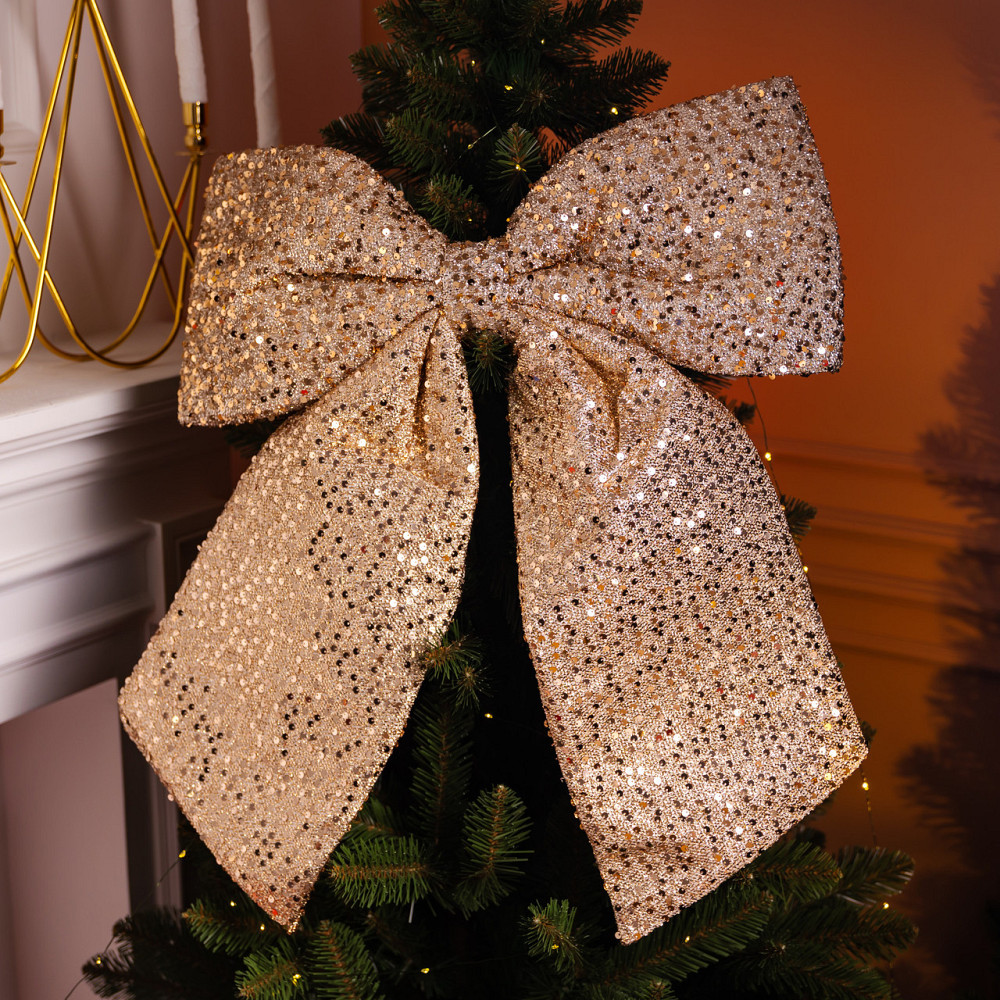 Бант новогодний для декора с пайетками на елку 55×70 (см) Золотистий CR-2-21 Київ - фото 2