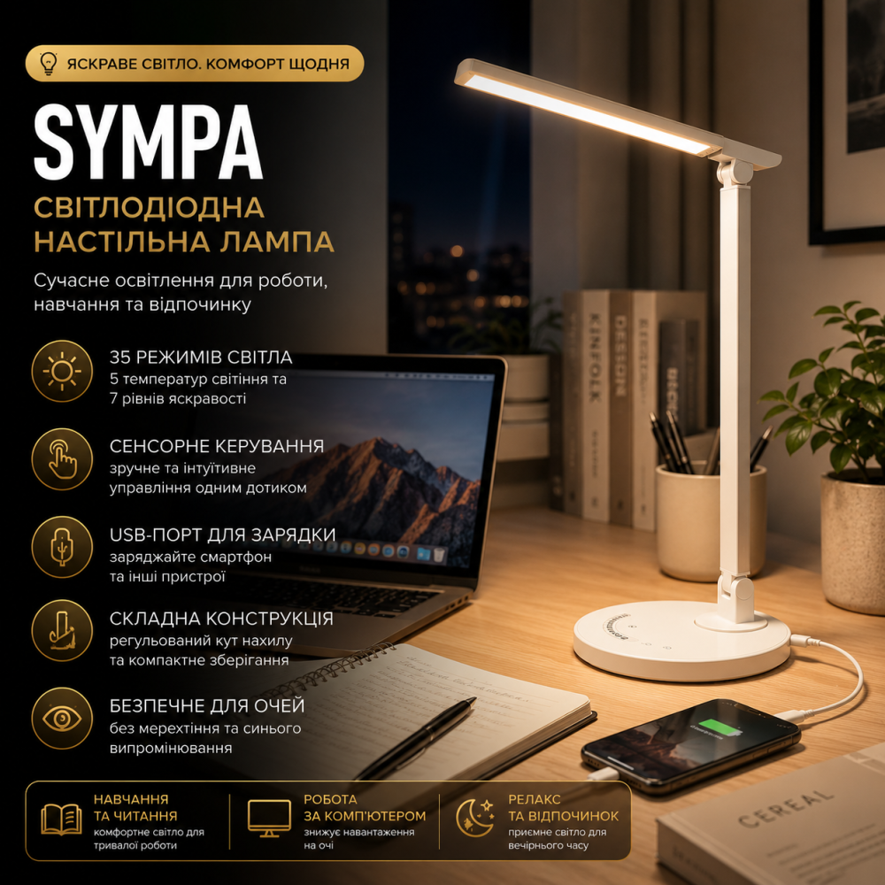 Светодиодная настольная лампа Sympa, 35 режимов света, USB-порт для зарядки, складная конструкция, сенсорное управление, белая Киев - изображение 8