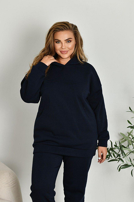 Женский прогулочный костюм: худи и штаны батал в спортивном стиле трехнитка на флисе Синий, 60/62 Одесса - изображение 3