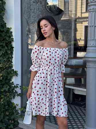 Жіноче романтичне легке принтоване плаття з відкритими плечима муслін Білий 2, 46/48 Одеса