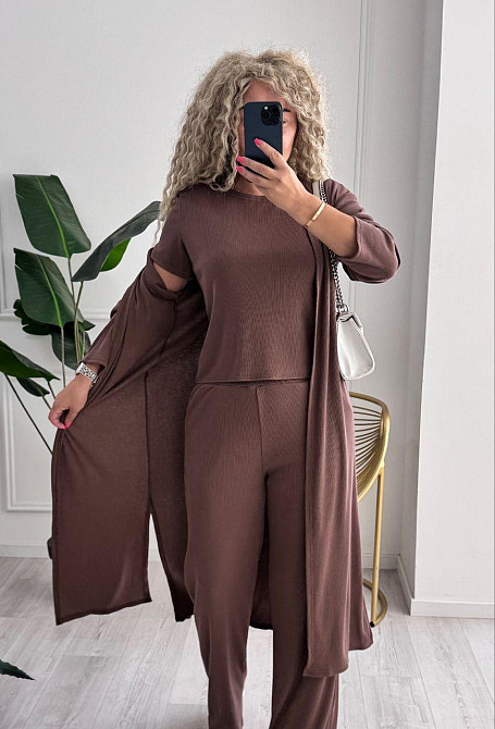 Жіночий базовий прогулянковий костюм-трійка: кардиган футболка та штани трикотажний рубчик Моко, 46/48 Одеса - фото 4