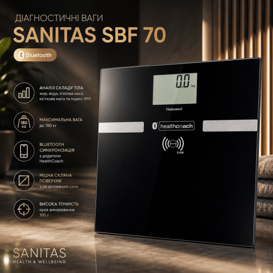 Диагностические весы Sanitas SBF 70 Bluetooth: Стеклянные смарт-весы с анализом состава тела, 180 кг, Черные Киев