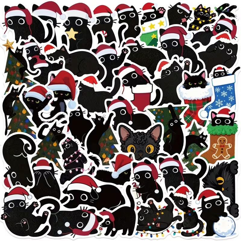 Набір новорічних наліпок 50 шт — чорні котики у шапочках Санти Київ - фото 2