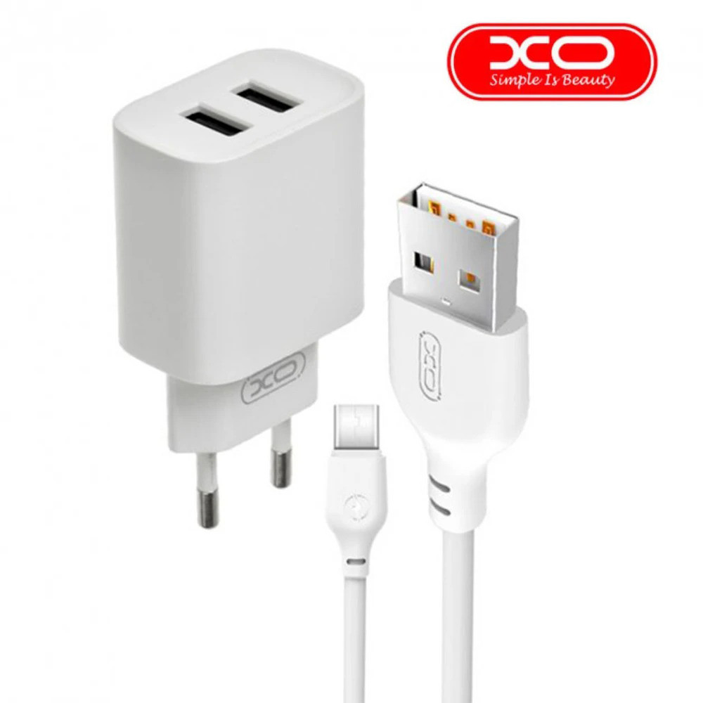Мережевий зарядний пристрій XO CE02C на 2USB 2.1A Білий + Кабель Lightning Кам'янець-Подільський - фото 1