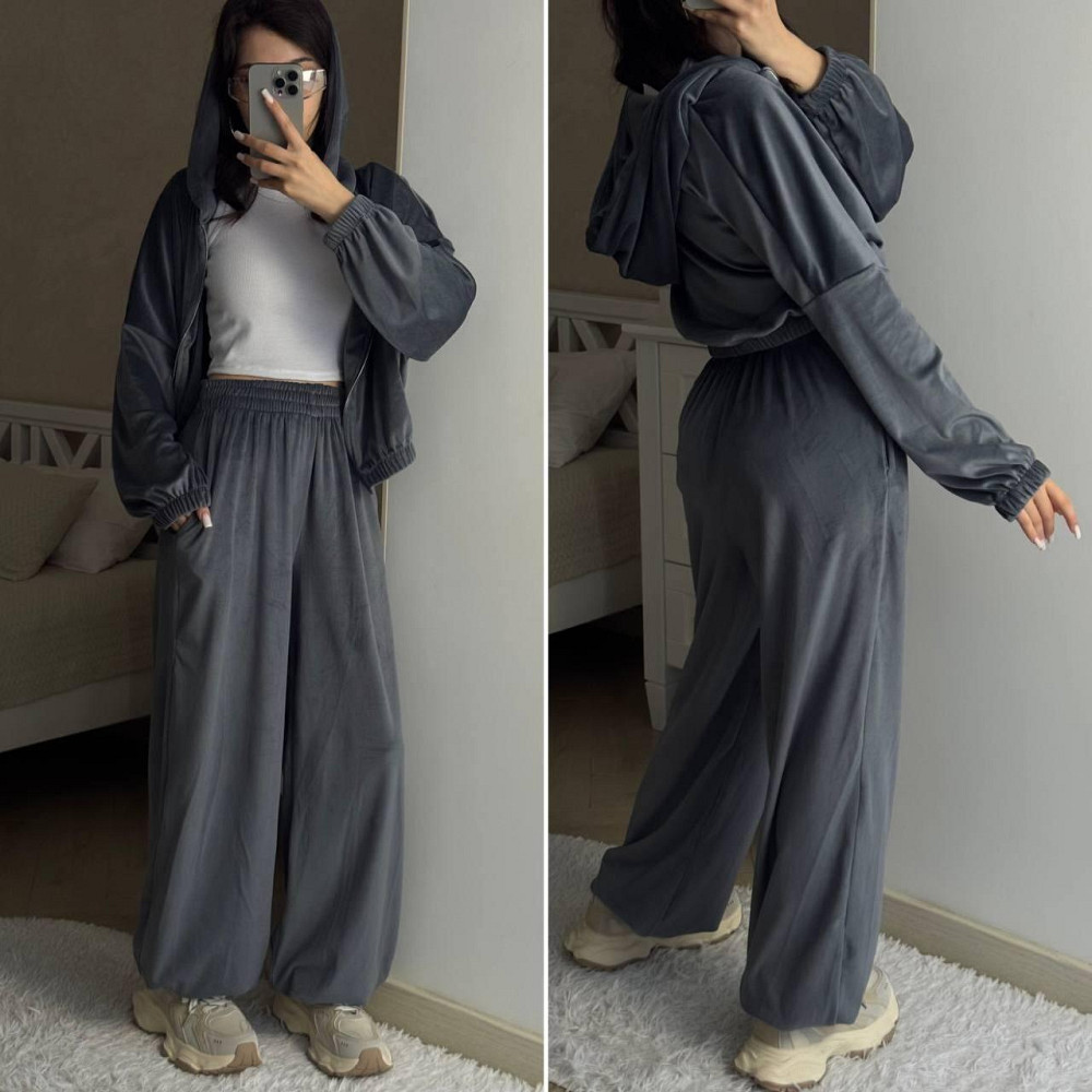 Женский трендовый оверсайз костюм двойка: кофта и штаны велюр Графит Одесса - изображение 1