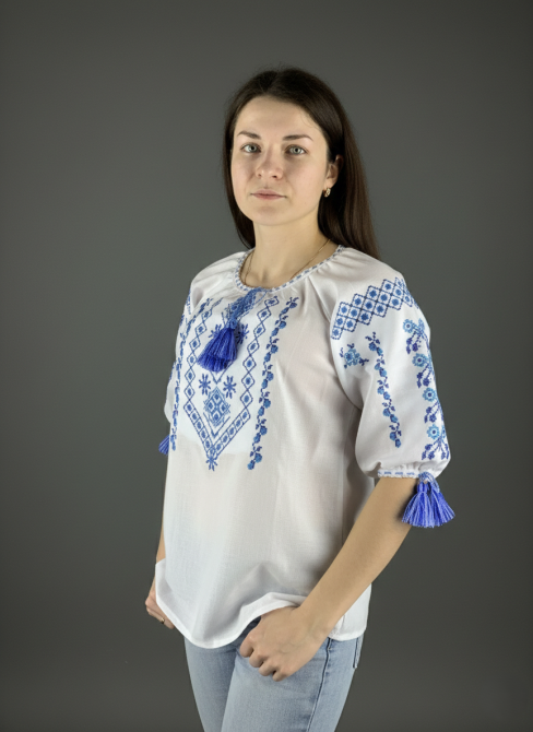 Жіноча вишиванка з геометричним орнаментом в голубих відтінках Київ - фото 2