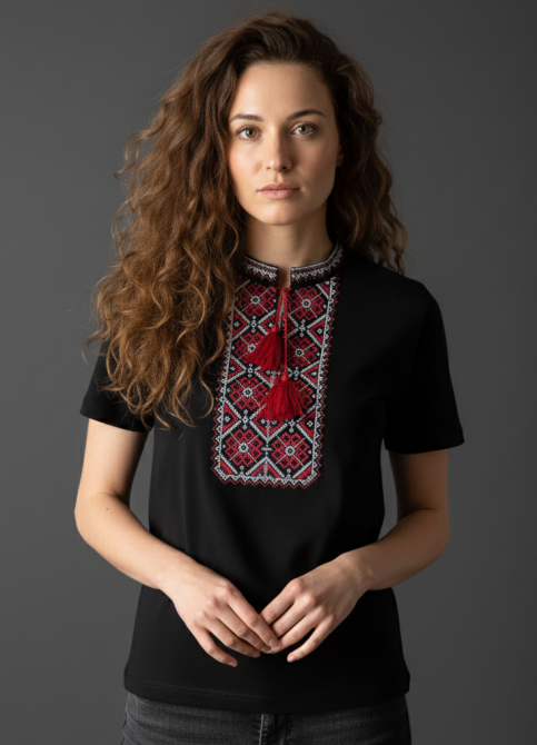 Жіноча вишита футболка чорна з яскравим червоно-білим орнаментом Київ - фото 2
