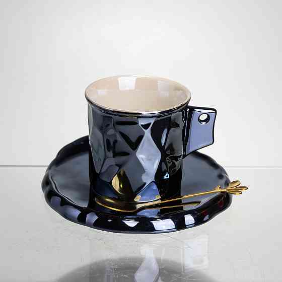 Чашка порцелянова для кави 200 (мл) з блюдцем і ложкою, гарна чашка в подарунок Чорний FM-2A Коломия