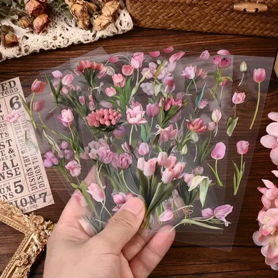 Стікери квіткові «Тюльпани» – набір 6 листів прозорих наклейок для декору Київ