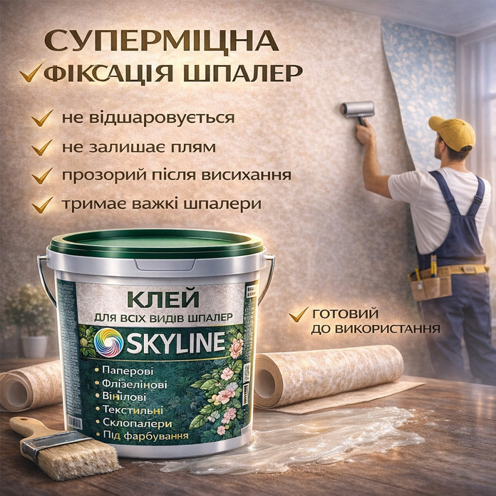 Клей для шпалер Skyline універсальний суперміцний для скловолокна і важких шпалер, готовий без запаху 1 кг Харків - фото 3