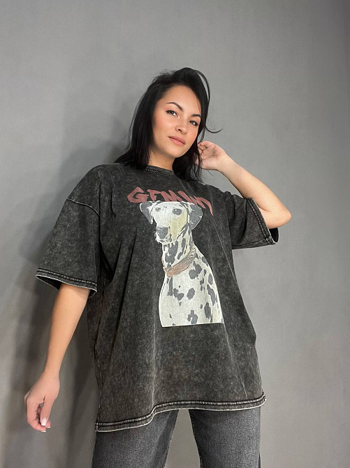 Футболка жіноча E-F 8089 варена тай дай оверсайз з малюнком собаки далматинець темно сіра, темно-сірий, 48 Київ - фото 7