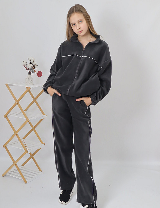 Дитячий флісовий теплий костюм на зиму (толстовка на затяжках + штани з кантом) Графіт 80 Кам'янець-Подільський - фото 1