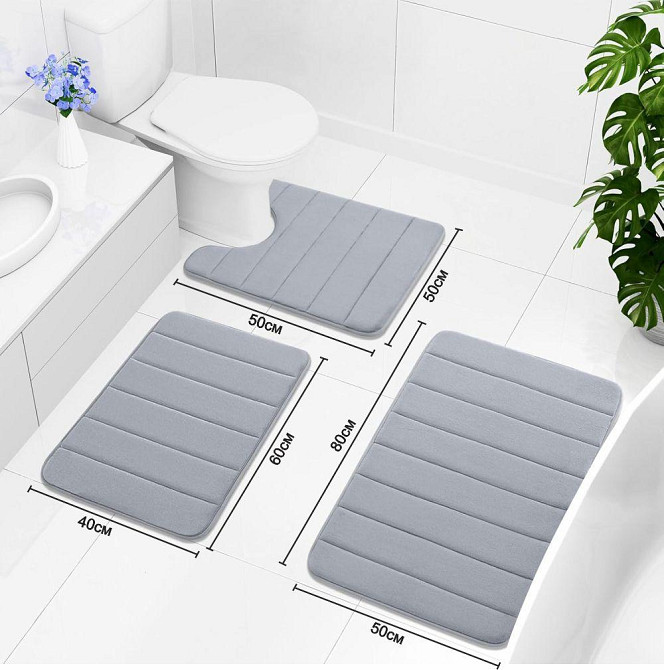 Набор 3 коврика для ванной Aquarius с эффектом памяти 50х80 см, 40х60 см, U-образный 50х50 см Серый в полоску Буча - изображение 2