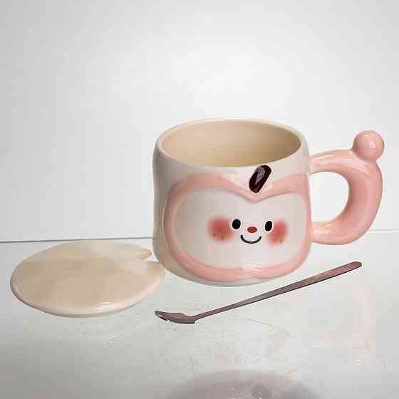 Фарфоровая чашка с крышкой и ложкой, розовая 400 мл Киев