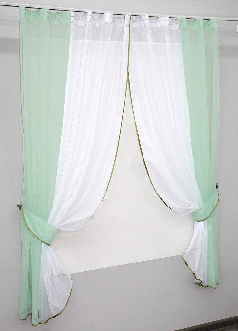 Кухонные шторы VR-Textil № 017к комбинированные с подвязками мятный с белым 270х170 см (52-0259) Киев - изображение 2
