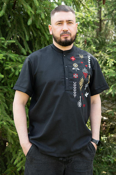 Вишиванка чоловіча, короткий рукав, чорна льон топ Київ - фото 1
