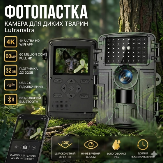 Фотопастка Lutranstra PR5000 Wi-Fi 4K 60Мп: Камера для дикой природы с датчиком движения 0.1с, Ночное видение 25м, IP66 + SD 32GB Киев