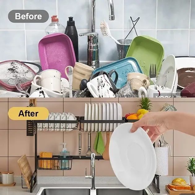 Многофункциональная Двухъярусная полка - органайзер JYH для сушки посуды над раковиной, черная 65 см Коломия - фото 10