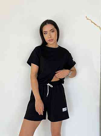 Женский летний прогулочный костюм двойка: футболка и шорты двунитка Черный, 48/52 Одесса