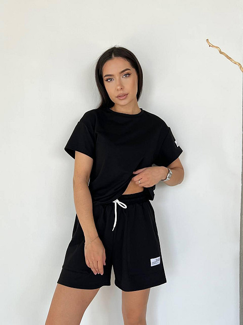 Женский летний прогулочный костюм двойка: футболка и шорты двунитка Черный, 48/52 Одесса - изображение 2