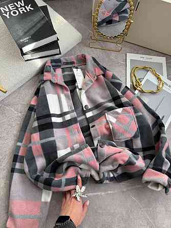 Женская теплая рубашка оверсайз в клетку на пуговицах турецкий флис Розовый Одесса