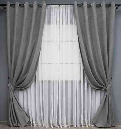 Комплект штор на люверсах VR-Textil Мікровелюр Petek № 1485ш 150х270 см 2 шт Сірий (37-0214) Київ