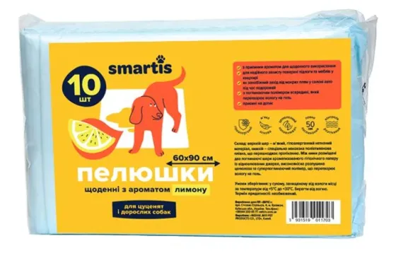 Пеленки ежедневные с ароматом лимона 60х90см 60г/8г (10шт) Smartis Винница