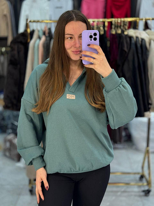 Женское теплое худи с вырезом коттоновый трикотаж на меху Бирюза, 46/48 Одесса - изображение 1