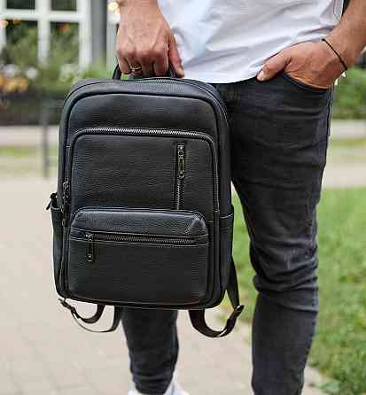 Міський чоловічий рюкзак із натуральної шкіри 40х30х18, наплічник для роботи та подорожей, чорний Київ
