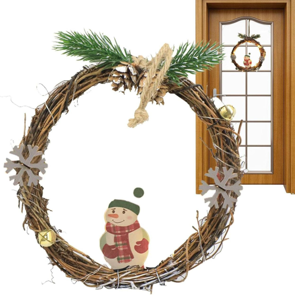 Рождественский венок из ротанги новогодний венок подвесной декор 18 см Niki Light LED от батареек снеговик Киев - изображение 6