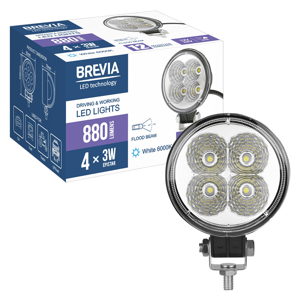 Фара світлодіодна Brevia Epistar Flood 10-30V, 12W (4x3W), 880Lm, 1шт Львів - фото 7