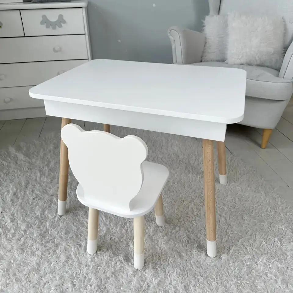 Детский столик с ящиком для карандашей + стульчик Мишка (Белый) Вінниця - фото 1