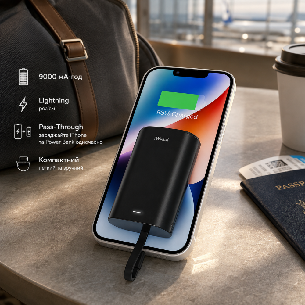Портативный Power Bank iWALK Link Me 10000 9000 мА·ч, Lightning, Pass-Through, компактный, черный Киев - изображение 11