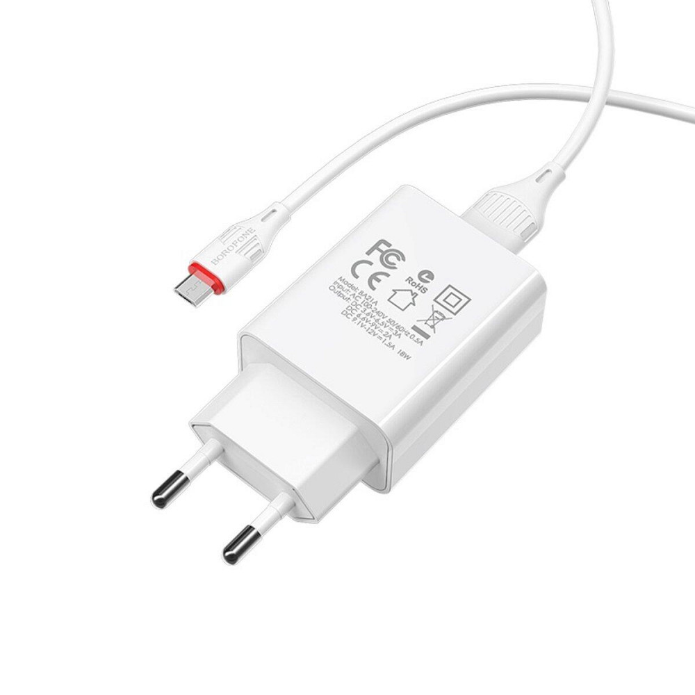 Мережевий зарядний пристрій BOROFONE BA21A Long journey single port QC3.0 charger set, колір білий BA21AMW Одеса - фото 2