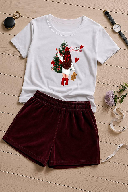 Жіночий домашній костюм-двійка з новорічним принтом турецький кулір бавовна + преміальний велюр Бордовий 2, 46/48 Одеса - фото 1