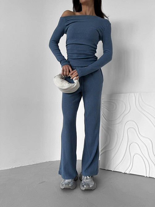 Женский базовый костюм двойка: лонгслив и брюки ангора рубчик Джинс, 42/44 Одесса - изображение 1