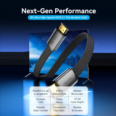 Кабель HDMI M - M, 2.0 м, V2.1, 8K 60Гц, плаский з обплетенням, Vention Винница - изображение 4