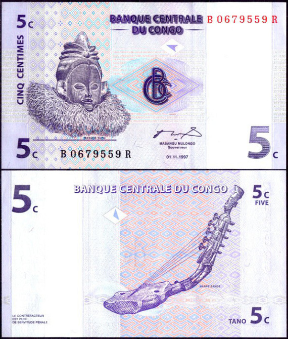 Конго Д. Рес/Congo D. Rep 5 Centimes 1997 P81 UNC Полтава - изображение 1