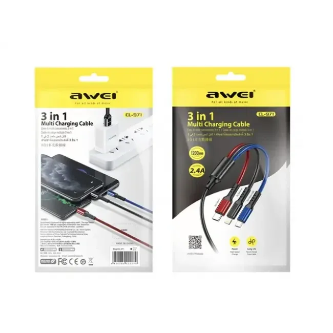 Шнур для моб. CL971 AWEI 3в1 Lightning, Micro, Type-C Київ - фото 1
