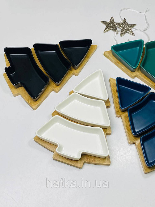 Тарілка менажниця новорічна "Чорна Ялинка" кераміка 26*15*h5 см бамбукова підставка 8030-389 Київ - фото 4