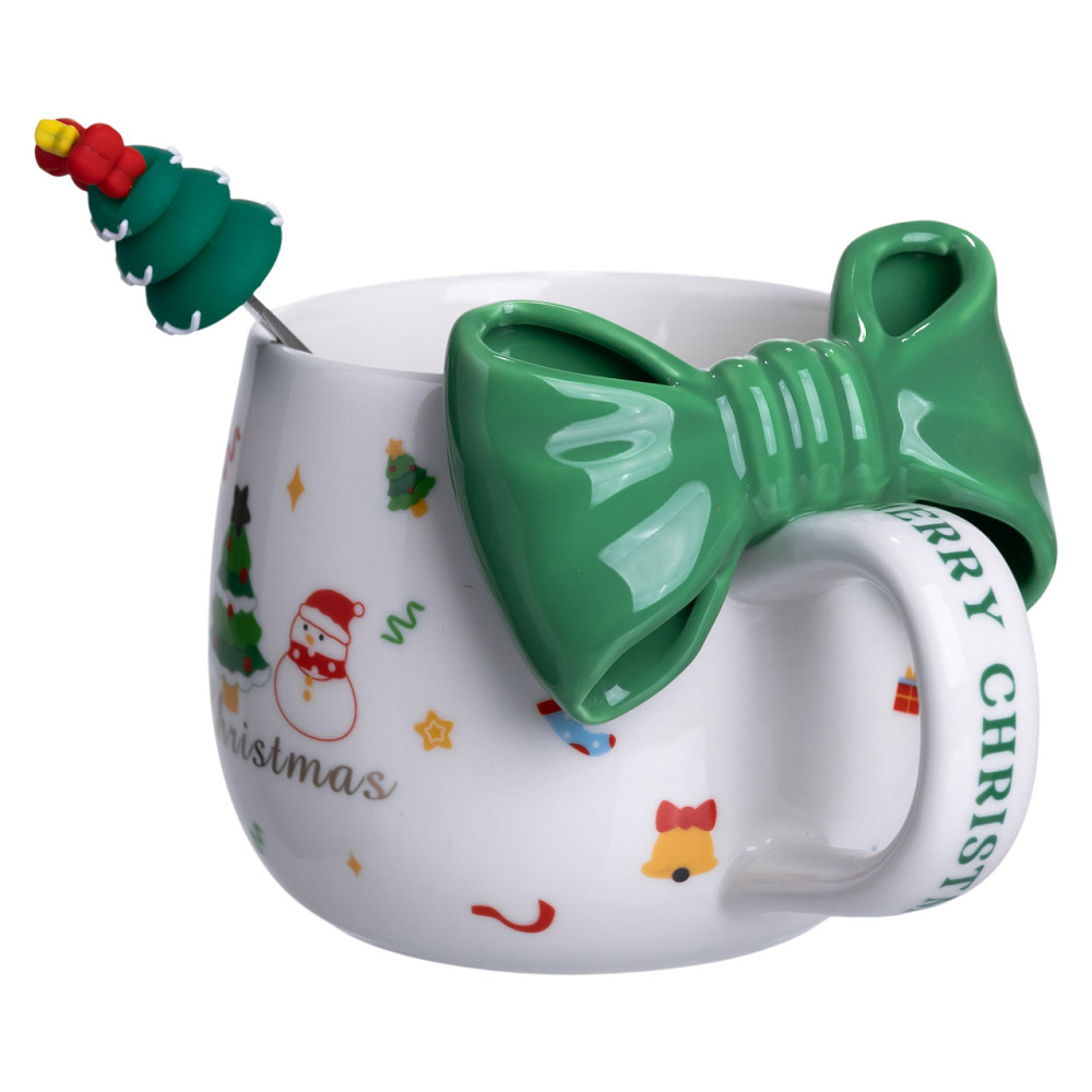 Yiwu Новогодняя фарфоровая чашка с ложкой Merry Christmas 400 (мл) Зеленый Yiwu FM-CS-19B Коломия - фото 4